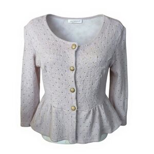 Monteau Light Pink Sweater Gold Flecks Knit Peplum Cardigan Demure Feminine Sz L